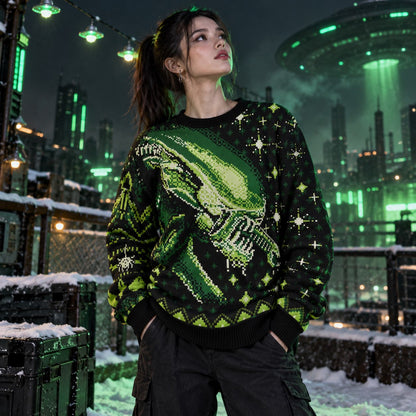 Green Pixel Alien Creature Knit Ugly Christmas Sweater - worn front view