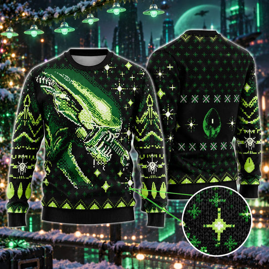 Green Pixel Alien Creature Knit Ugly Christmas Sweater - front and back view