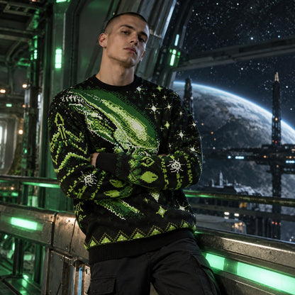 Green Pixel Alien Creature Knit Ugly Christmas Sweater - view 3
