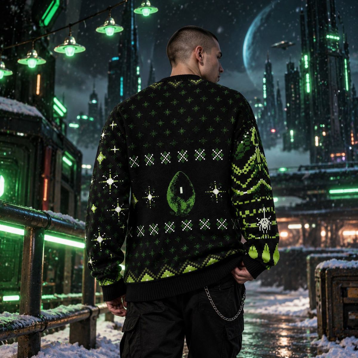 Green Pixel Alien Creature Knit Ugly Christmas Sweater - view 4