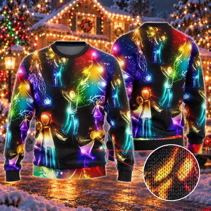 Neon Glow Angels Rainbow Knit Ugly Christmas Sweater - front and back view