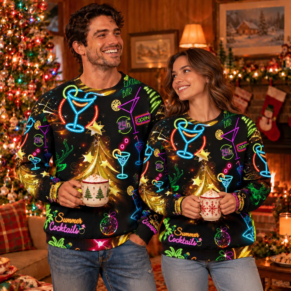 Neon Summer Cocktails Gold Tree Knit Ugly Christmas Sweater - worn front view