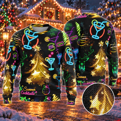 Neon Summer Cocktails Gold Tree Knit Ugly Christmas Sweater - front and back view