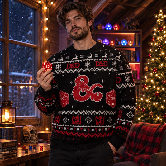 Red Black D20 Dice Knit Ugly Christmas Sweater - front and back view