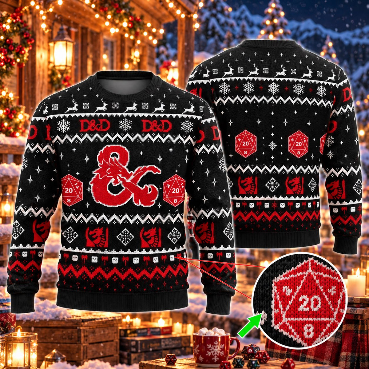 Red Black D20 Dice Knit Ugly Christmas Sweater - view 3