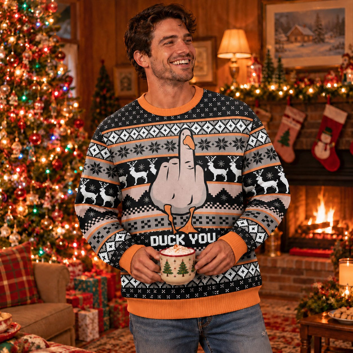 Funny Sassy Goose Orange Black Reindeer Knit Ugly Christmas Sweater - view 3