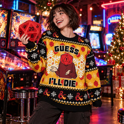Guess I'll Die Yellow Black D20 Knit Ugly Christmas Sweater - worn front view