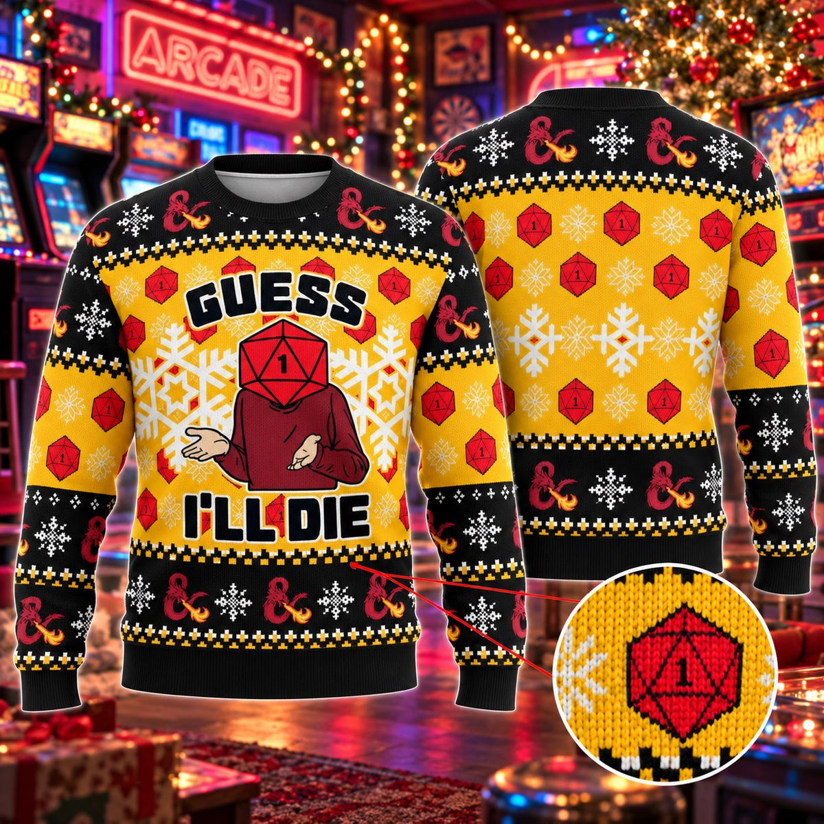 Guess I'll Die Yellow Black D20 Knit Ugly Christmas Sweater - view 3