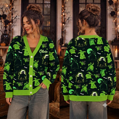 Personalized Spooky Bash Halloween Cardigan, Nightmare Holiday Sweater, Custom Villain Cardigan, Halloween Gift