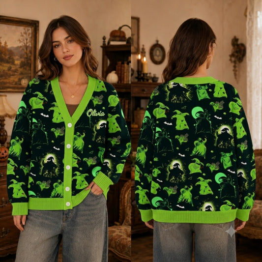 Personalized Halloween Cardigan - Nightmare Villain Party Knit Sweater with Name