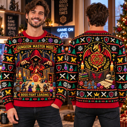 Dungeon Master Mode Christmas Sweatshirt, D20 Dragon RPG Sweater, Fantasy Gamer Holiday Sweater, Gaming Gift