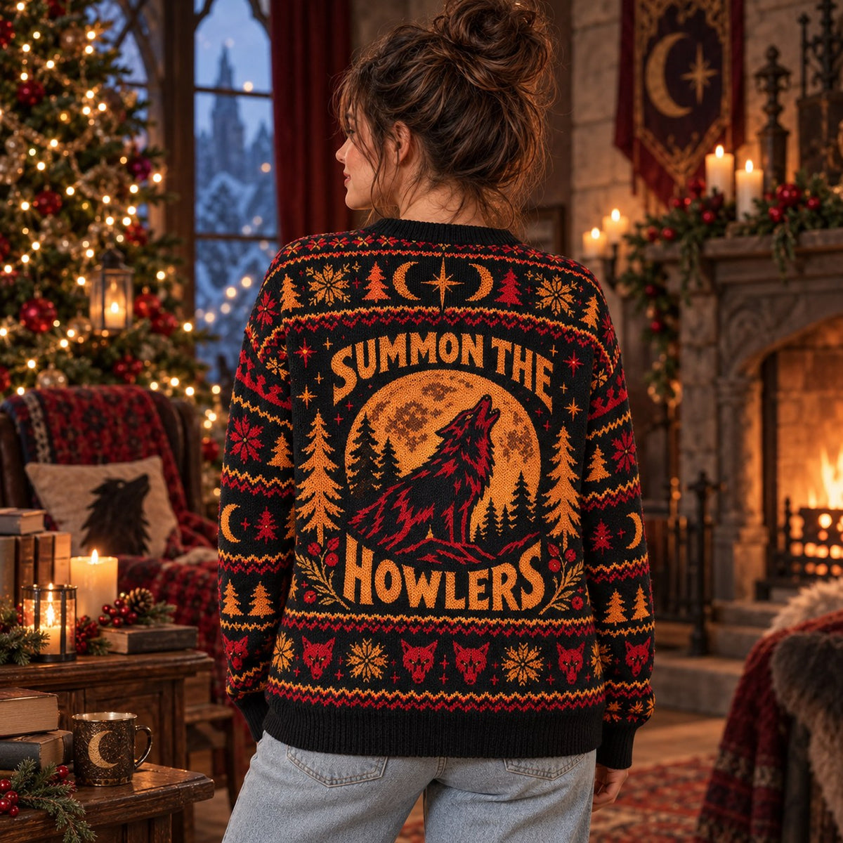 Summon the Howlers Wolf knit ugly Christmas sweater - back