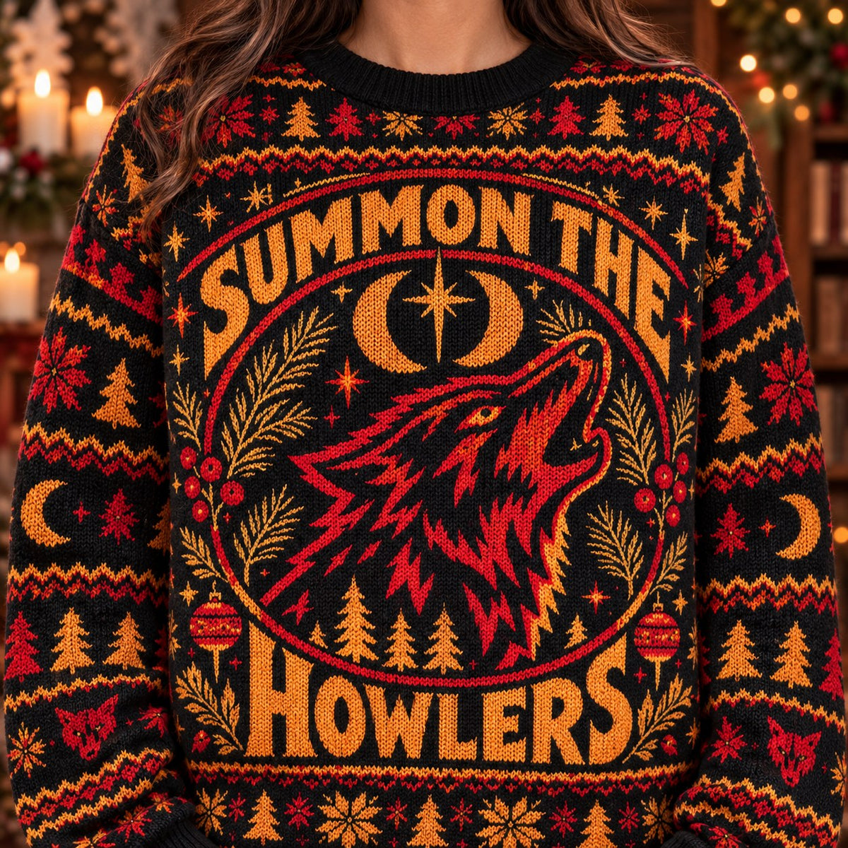 Summon the Howlers Wolf knit ugly Christmas sweater - knit close-up