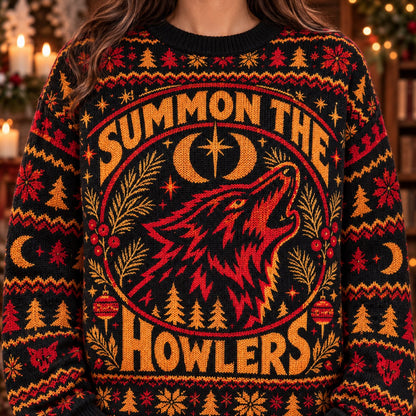 Summon the Howlers Wolf knit ugly Christmas sweater - knit close-up
