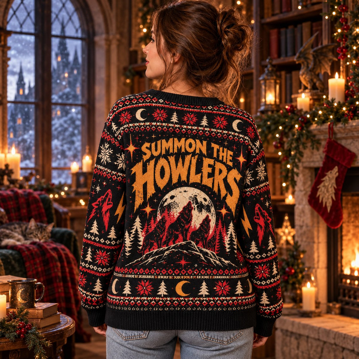 Summon the Howlers Lightning Wolf knit ugly Christmas sweater - back