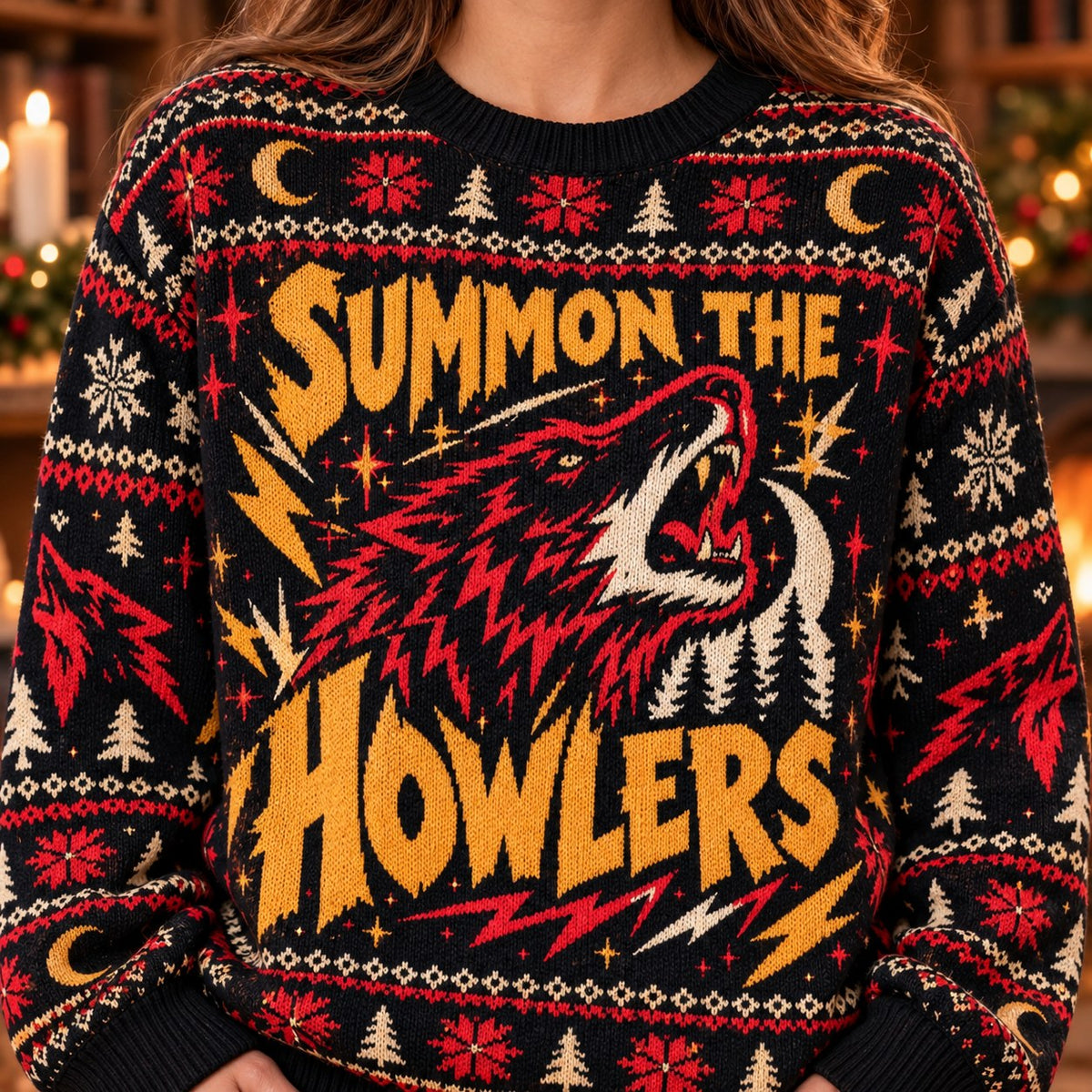Summon the Howlers Lightning Wolf knit ugly Christmas sweater - knit close-up