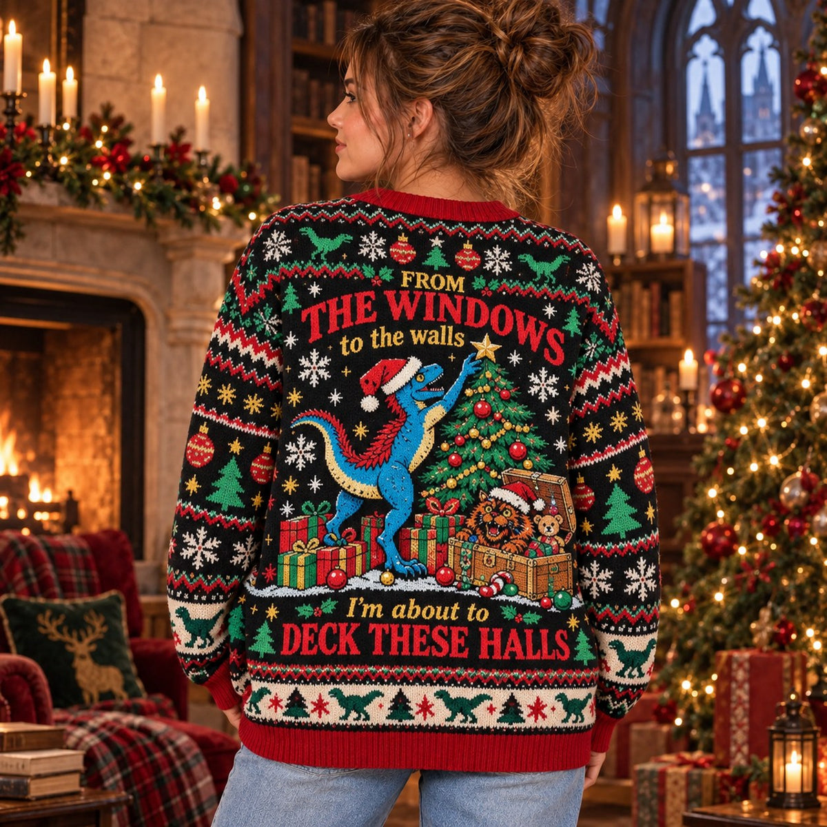 From the Windows to the Walls Raptor knit ugly Christmas sweater - back