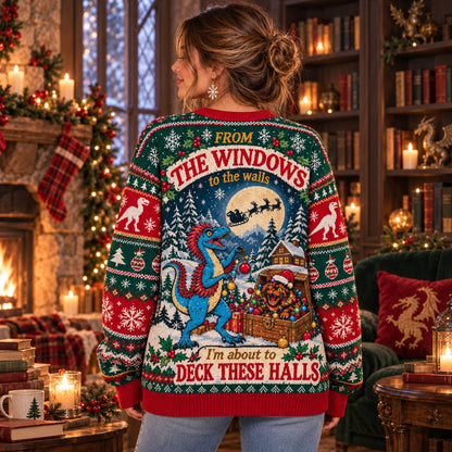 From the Windows to the Walls Raptor Green knit ugly Christmas sweater - back