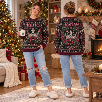Fearless Crown knit ugly Christmas sweater - front and back