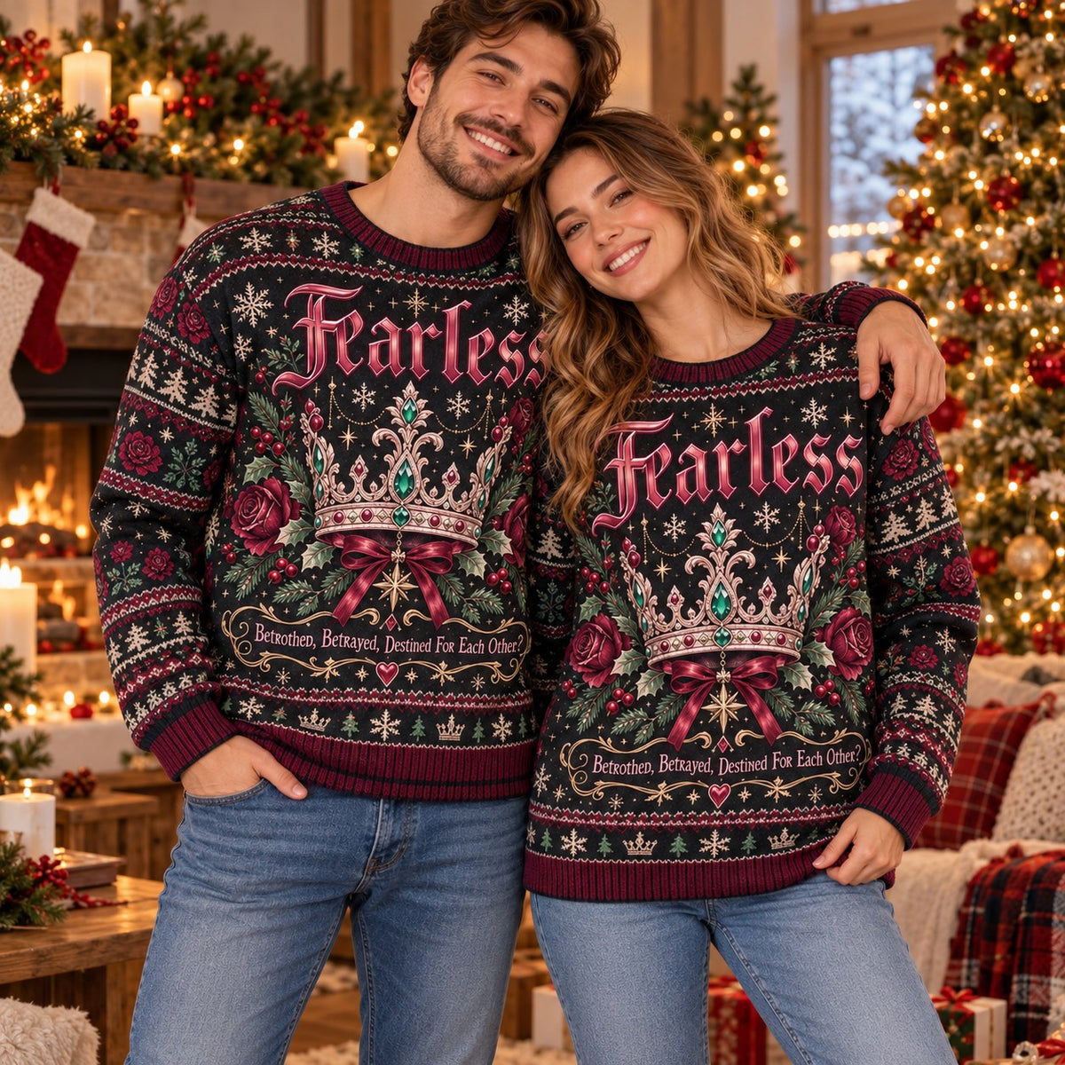 Fearless Crown knit ugly Christmas sweater - couple