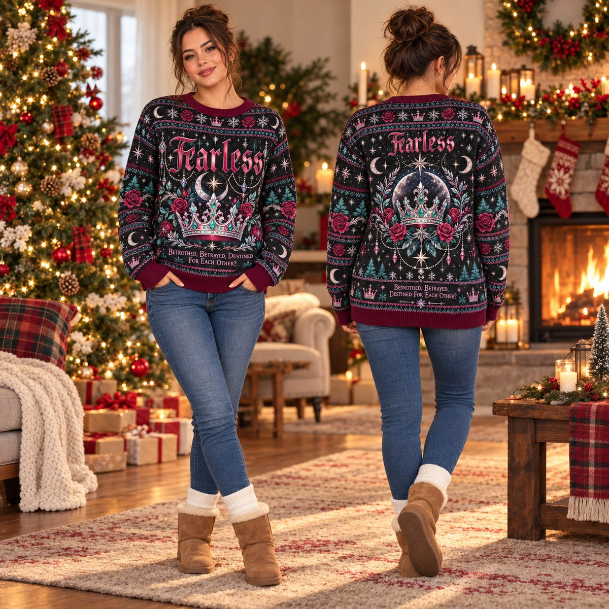 Fearless Crown Teal knit ugly Christmas sweater - front and back