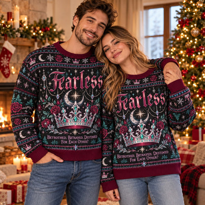 Fearless Crown Teal knit ugly Christmas sweater - couple