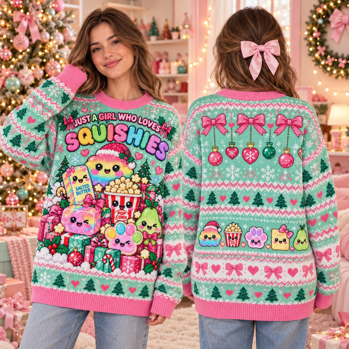 Just a Girl Who Loves Squishies knit ugly Christmas sweater - front and back