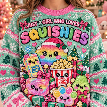 Just a Girl Who Loves Squishies knit ugly Christmas sweater - knit close-up