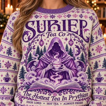 Suriel Tea Co Cream knit ugly Christmas sweater - knit close-up