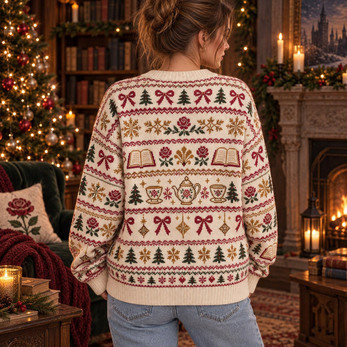 Belle's Book Club knit ugly Christmas sweater - back