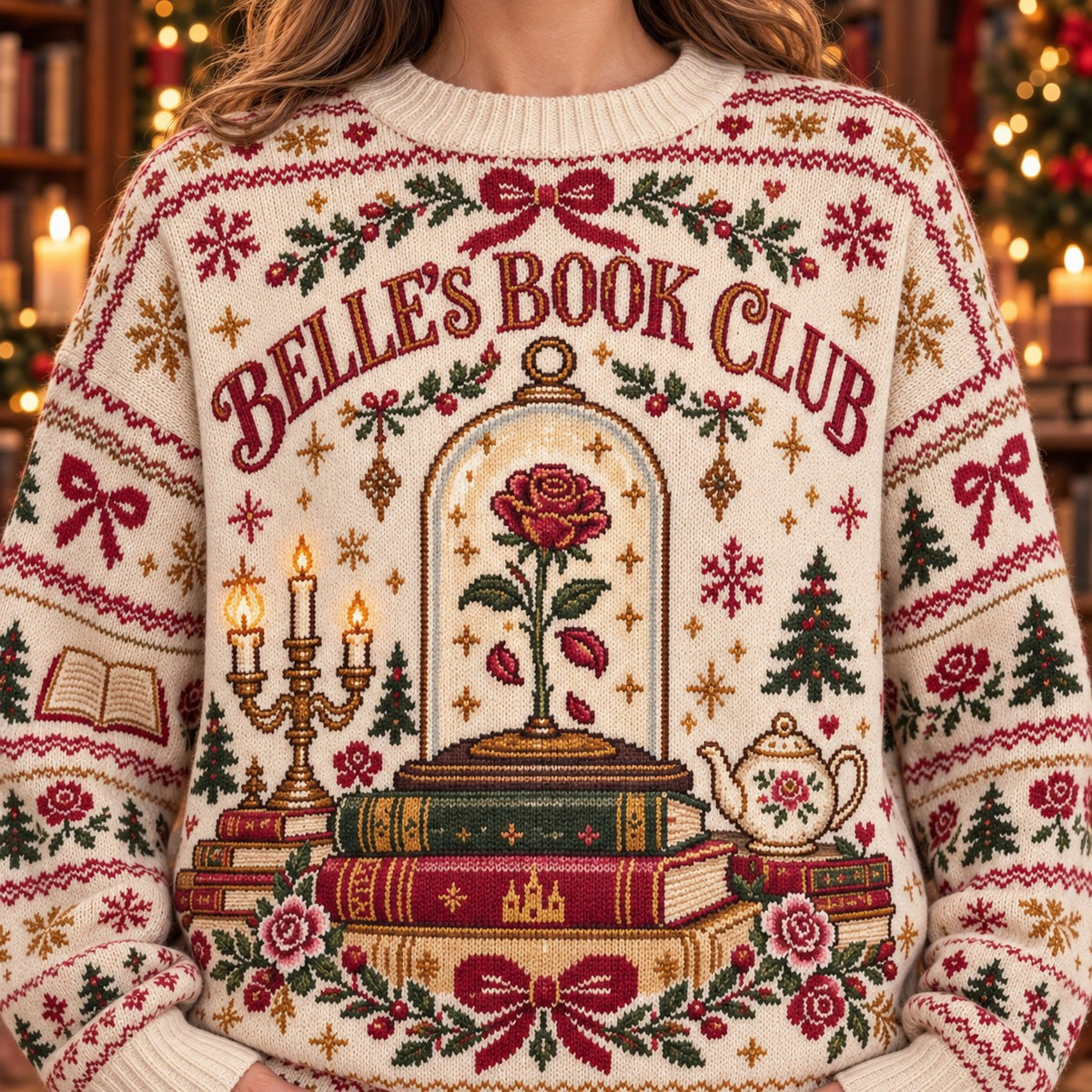Belle's Book Club knit ugly Christmas sweater - knit close-up