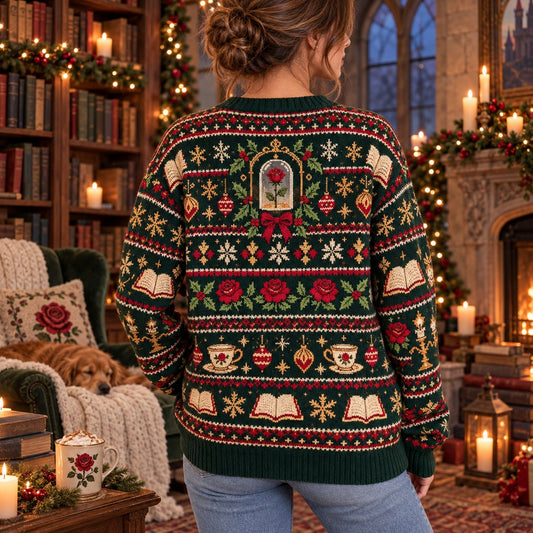 Belle's Book Club Green knit ugly Christmas sweater - back