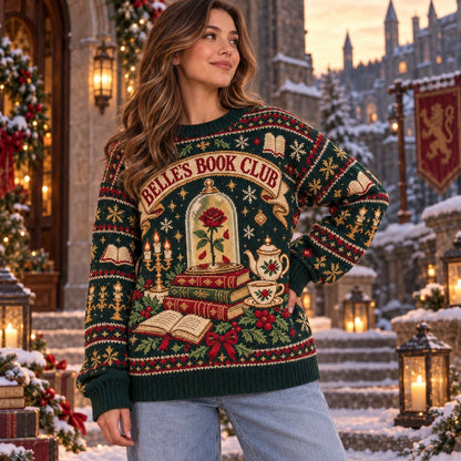 Belle's Book Club Green knit ugly Christmas sweater - worn