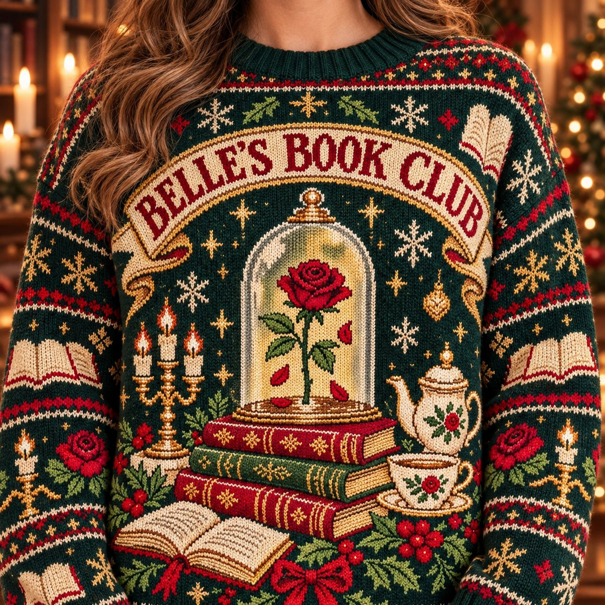 Belle's Book Club Green knit ugly Christmas sweater - knit close-up