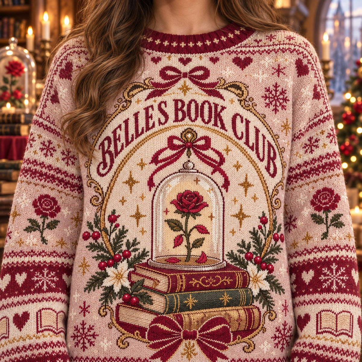 Belle's Book Club knit ugly Christmas sweater - knit close-up