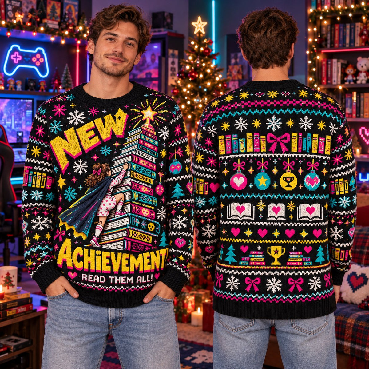 New Achievement Read Them All knit ugly Christmas sweater - front and back