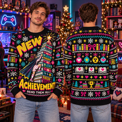 New Achievement Read Them All knit ugly Christmas sweater - front and back