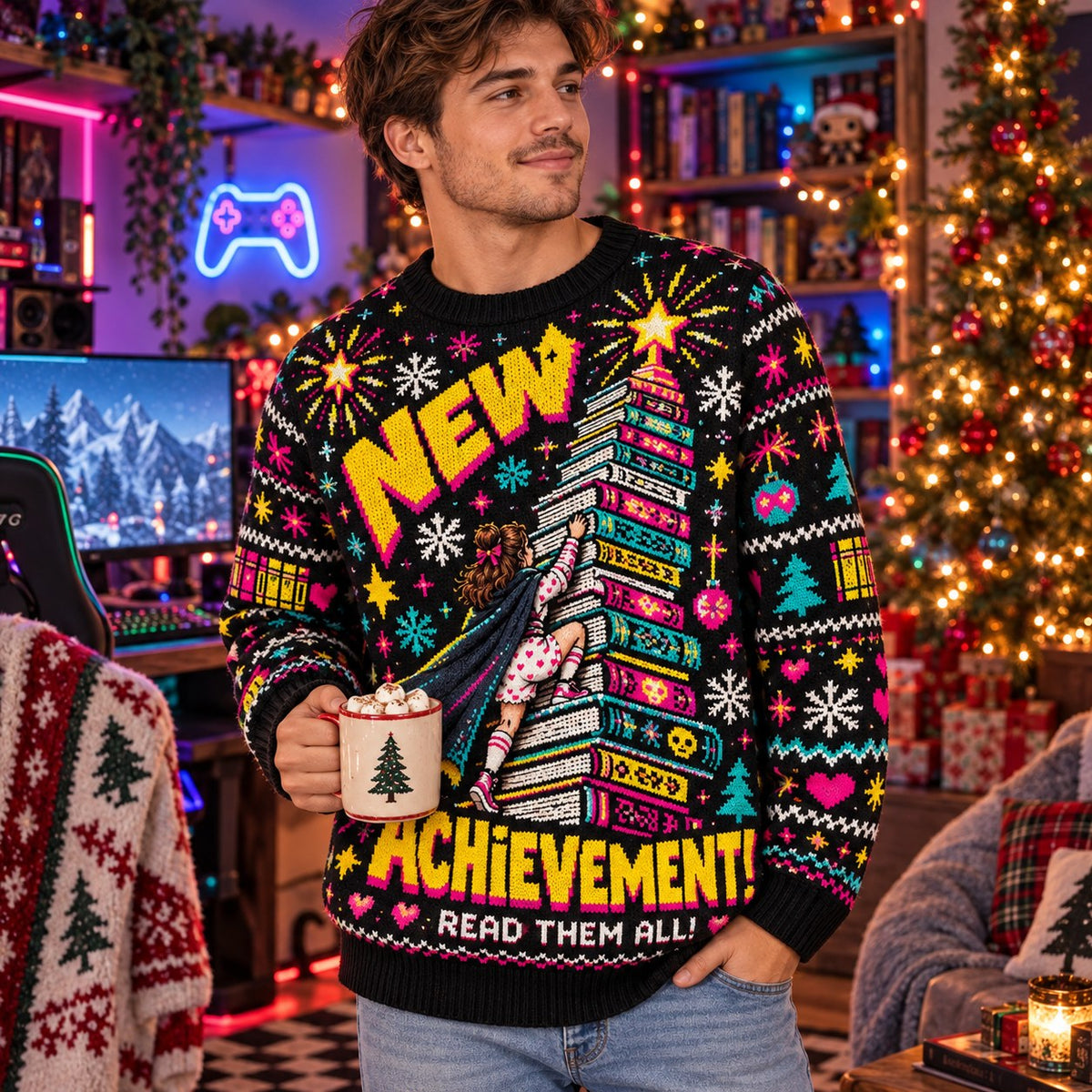 New Achievement Read Them All knit ugly Christmas sweater - worn