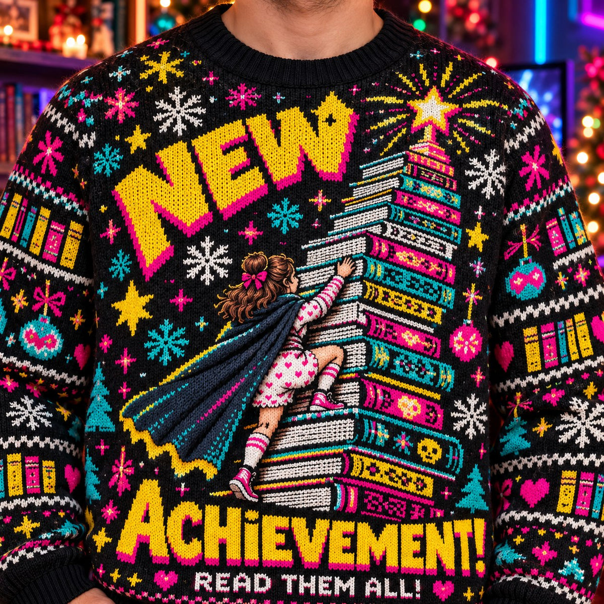 New Achievement Read Them All knit ugly Christmas sweater - knit close-up
