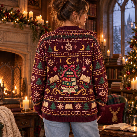 New Achievement Read Them All Burgundy knit ugly Christmas sweater - back