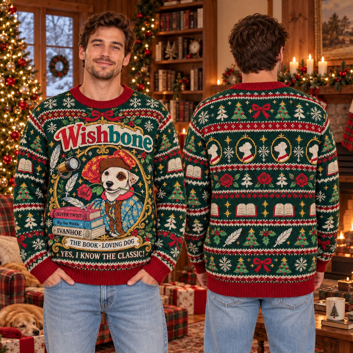 Wishbone Classic Books knit ugly Christmas sweater - front and back