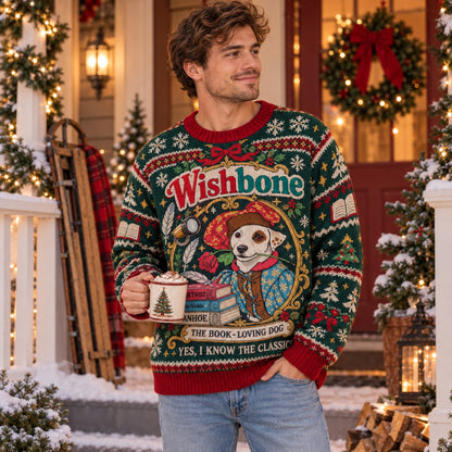 Wishbone Classic Books knit ugly Christmas sweater - worn