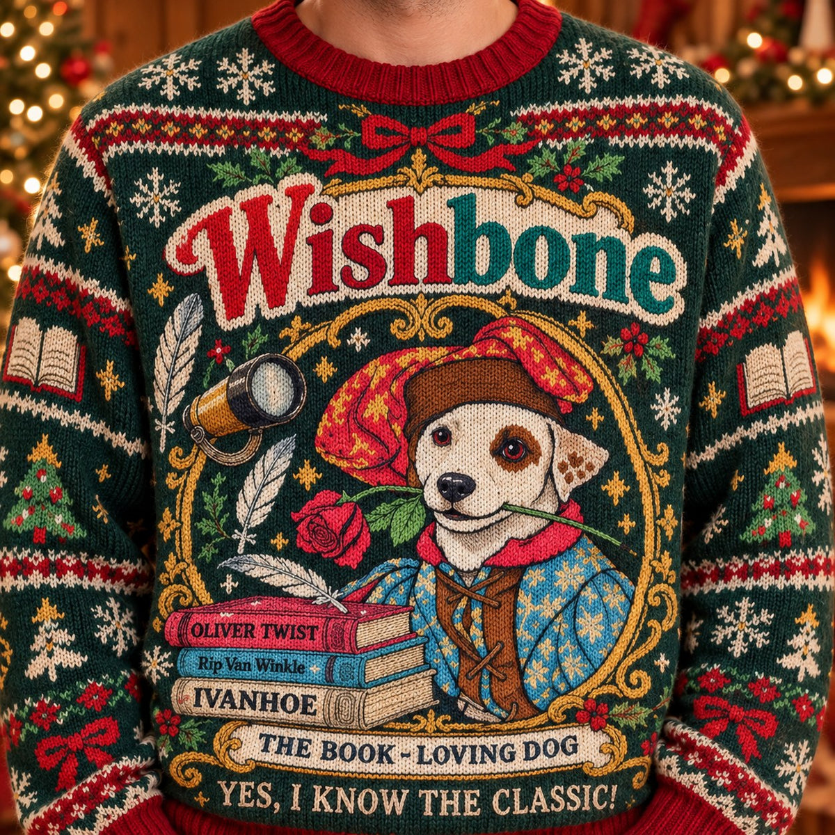 Wishbone Classic Books knit ugly Christmas sweater - knit close-up