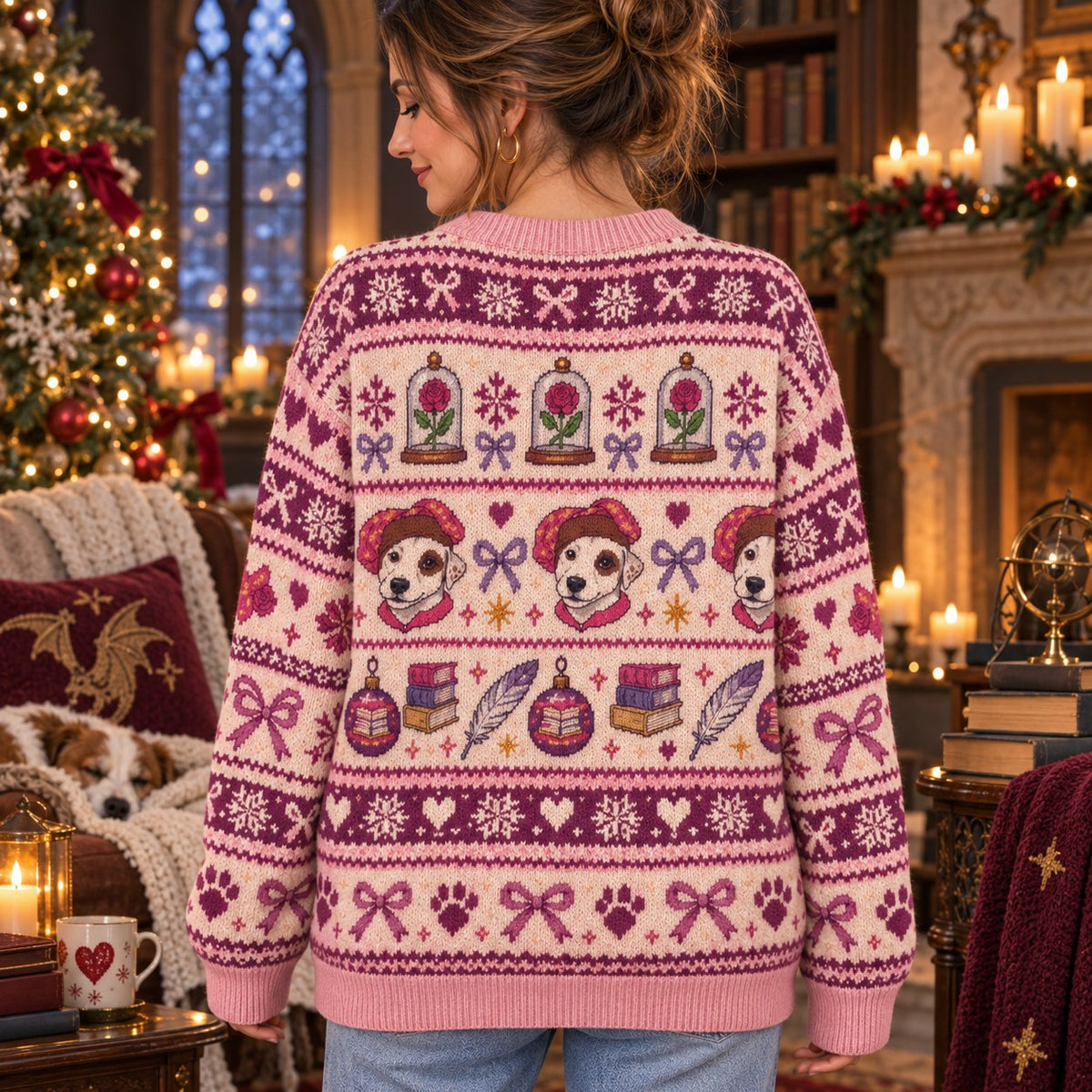 Wishbone Dog Classic Books knit ugly Christmas sweater - back