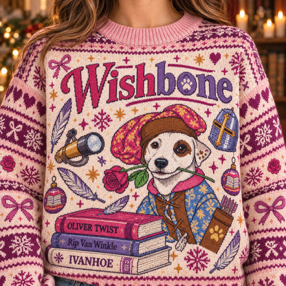 Wishbone Dog Classic Books knit ugly Christmas sweater - knit close-up