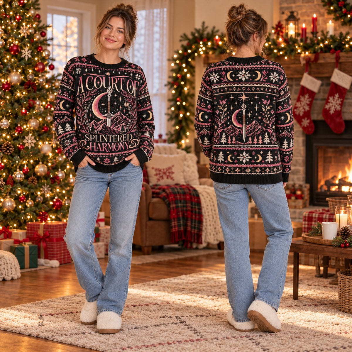 A Court of Splintered Harmony knit ugly Christmas sweater - front and back