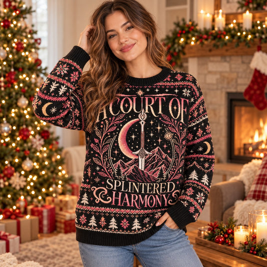 A Court of Splintered Harmony knit ugly Christmas sweater - worn