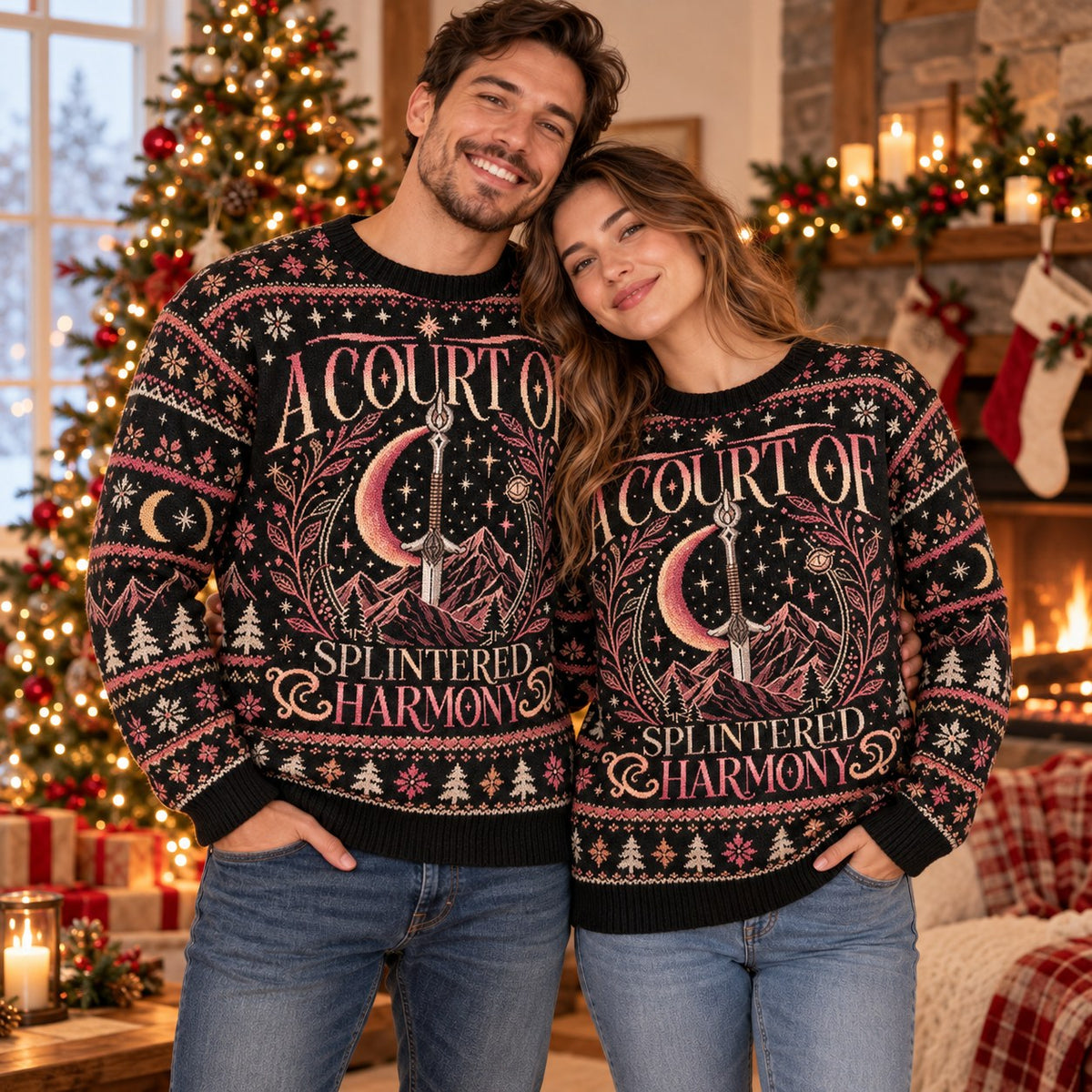 A Court of Splintered Harmony knit ugly Christmas sweater - couple