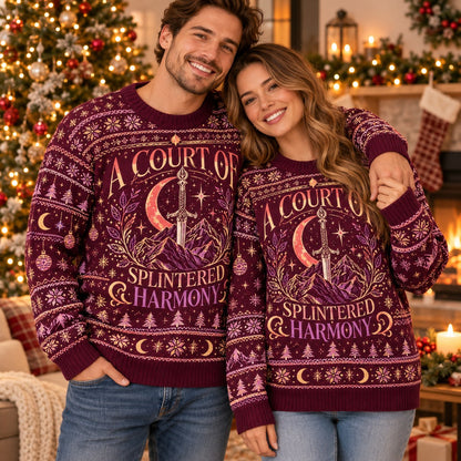A Court of Splintered Harmony Burgundy knit ugly Christmas sweater - couple