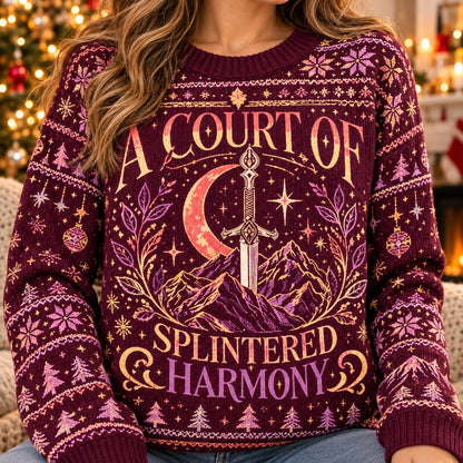 A Court of Splintered Harmony Burgundy knit ugly Christmas sweater - knit close-up